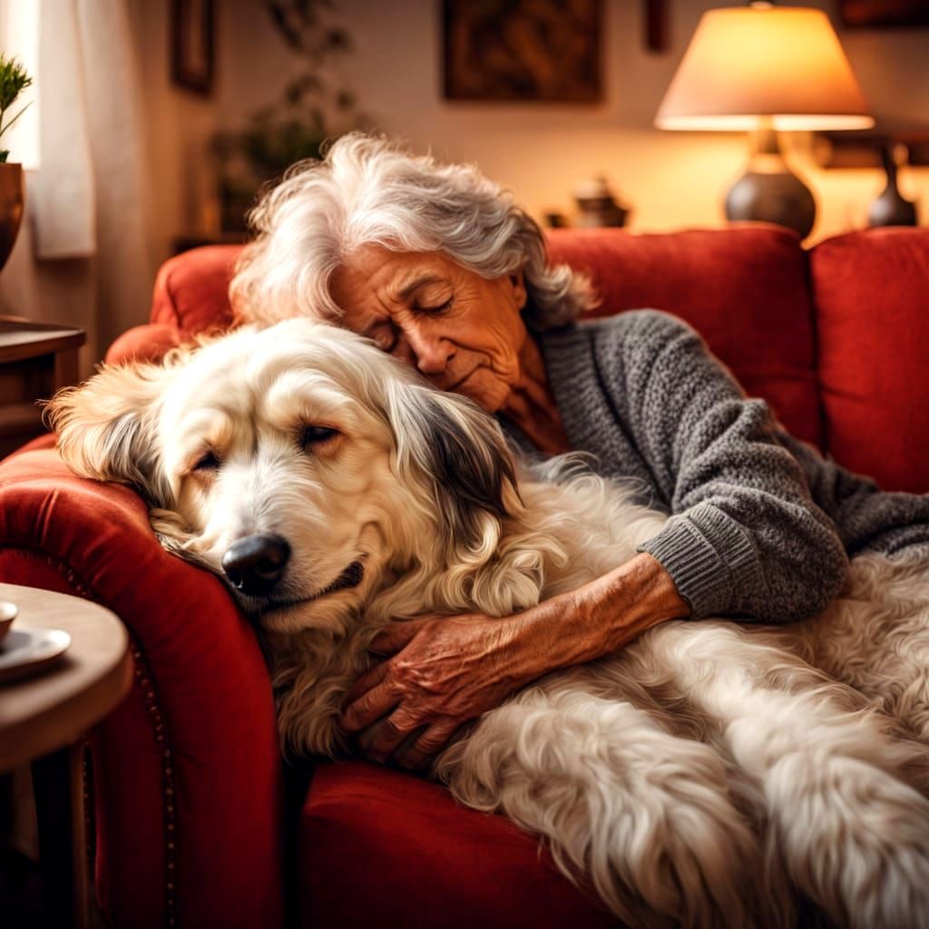 Elderly Woman and Dog Napping on Red Sofa