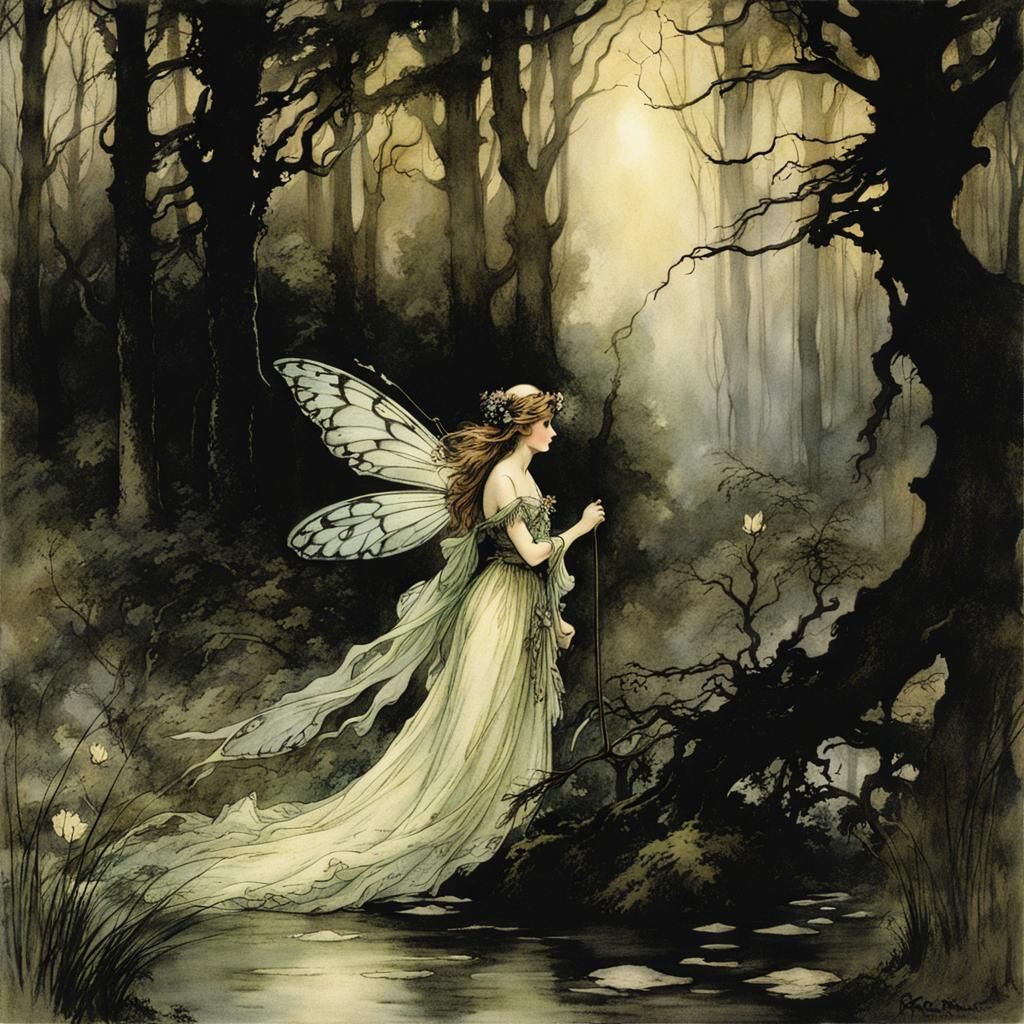 Fantasy Fairy in Haunted Forest, Rackham Style