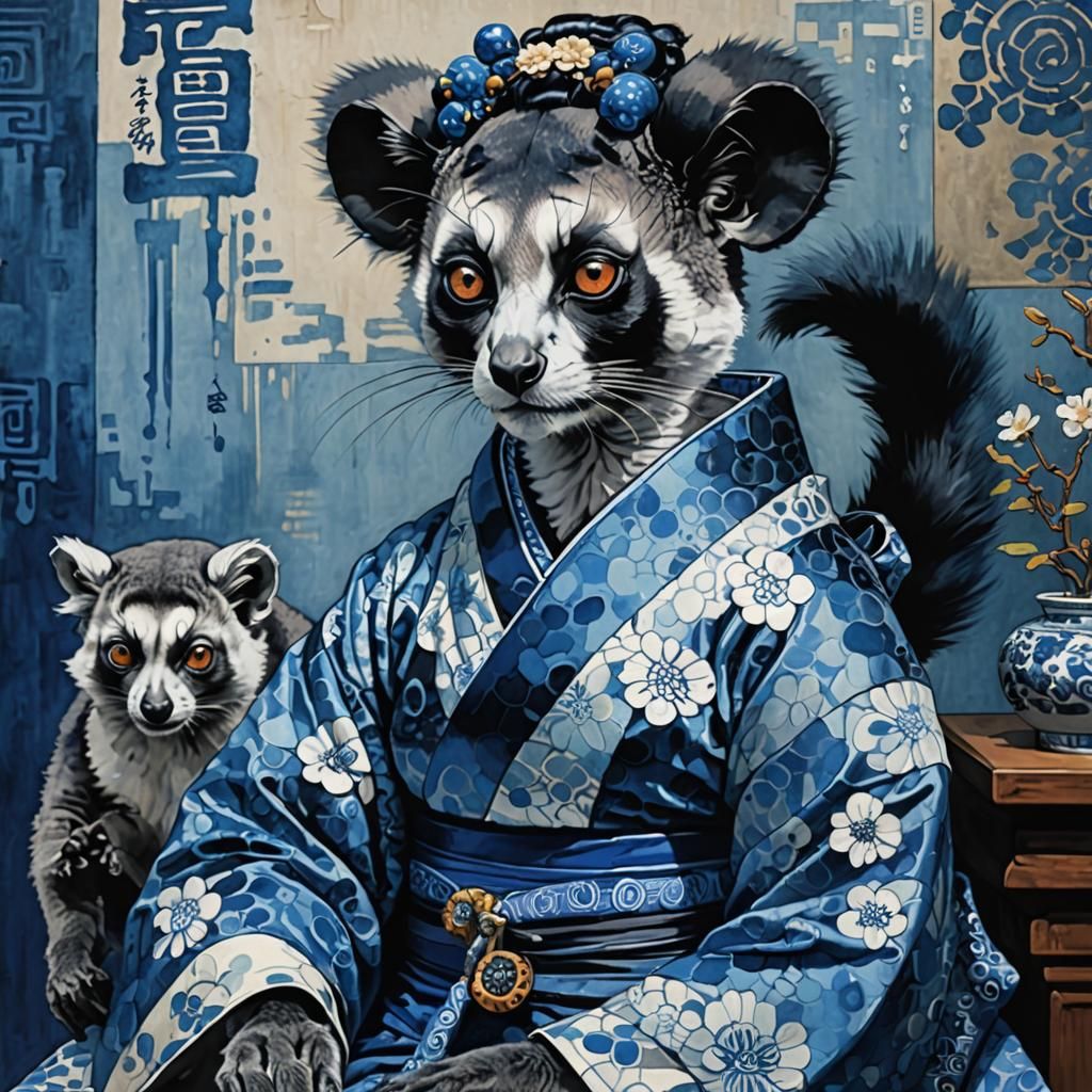 Pretty geisha surreal Lemur all in shades of blue at an orie...