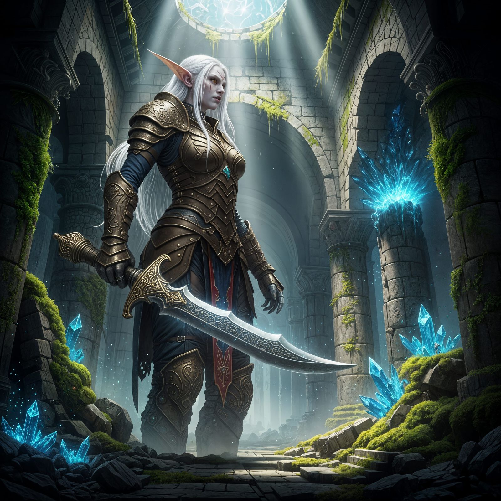 Albino Elf Warrior Seeks Escape from Ancient Corridor