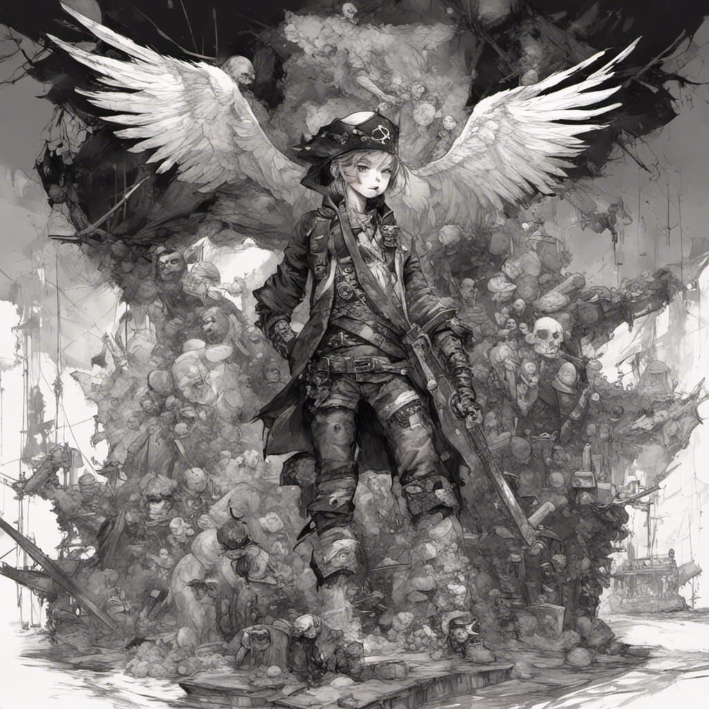 Chibi Angel Pirate in Black and White Ink