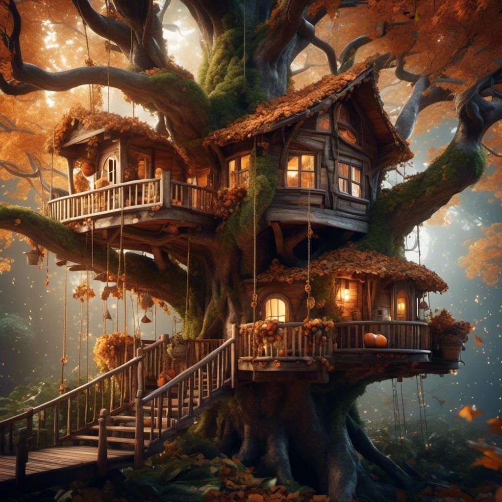 Elven Treehouse in Autumn Canopy at Night