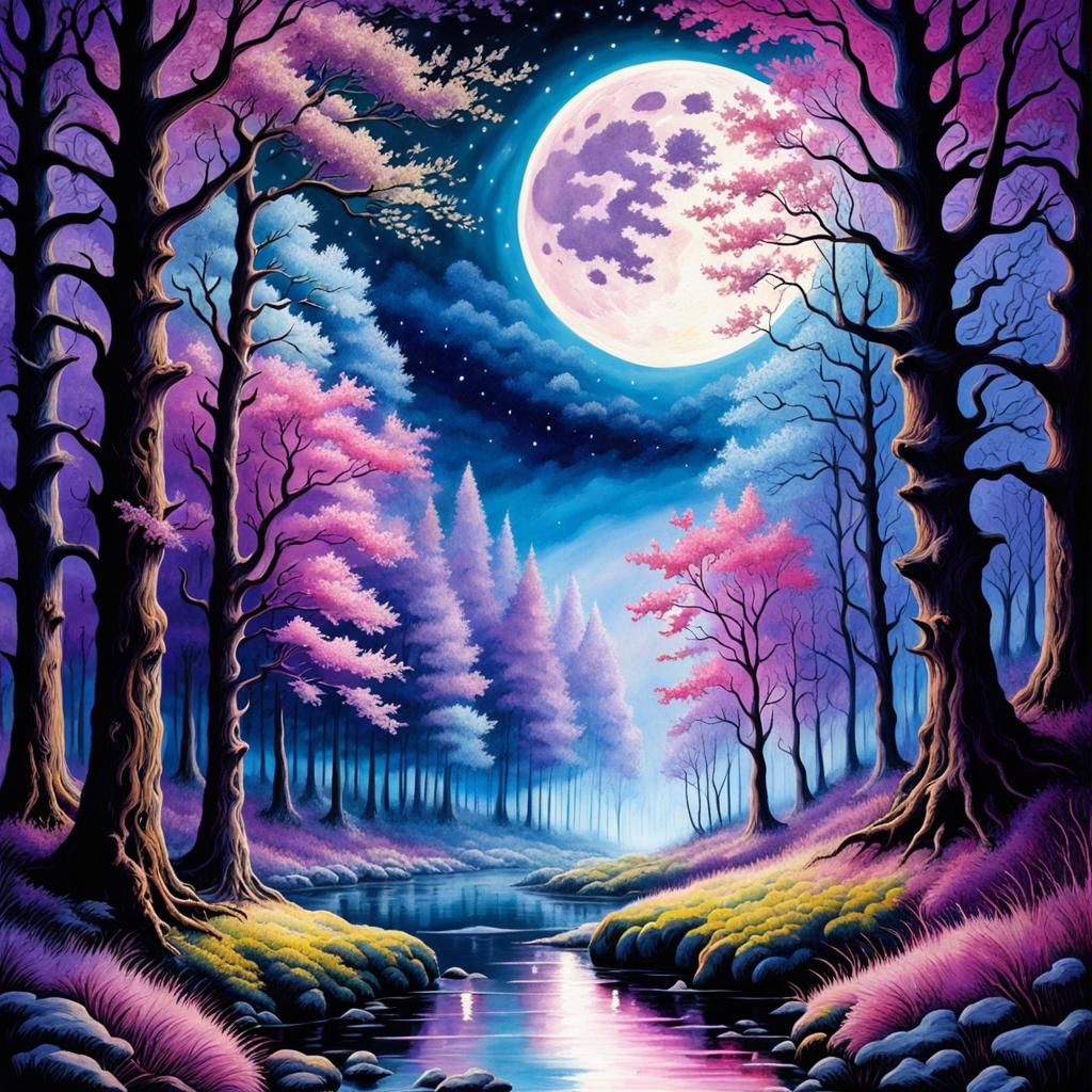 Ethereal Forest at Night in Soft Watercolors