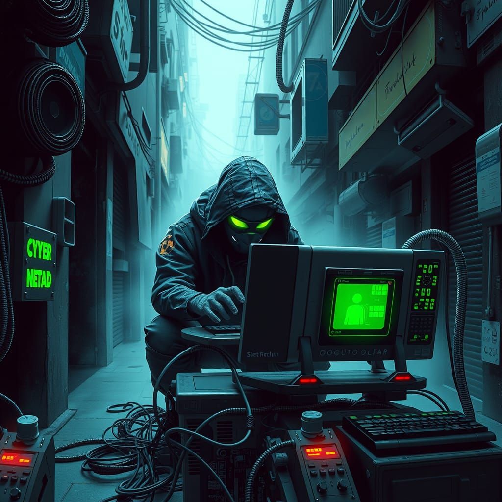 Cyberpunk Hacker in Dystopian Pointillism Alleyway