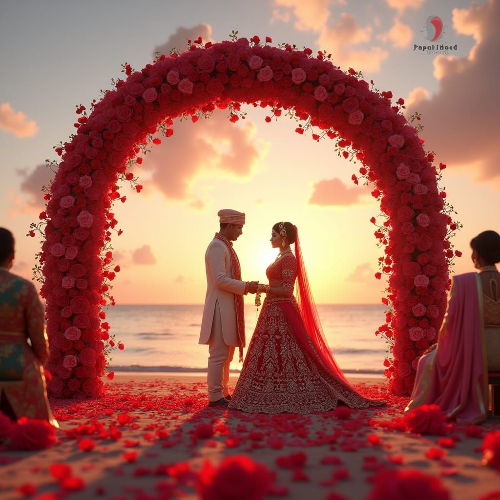 Indian Bride and Groom Celebrate Wedding on Goa Beach at Sun...