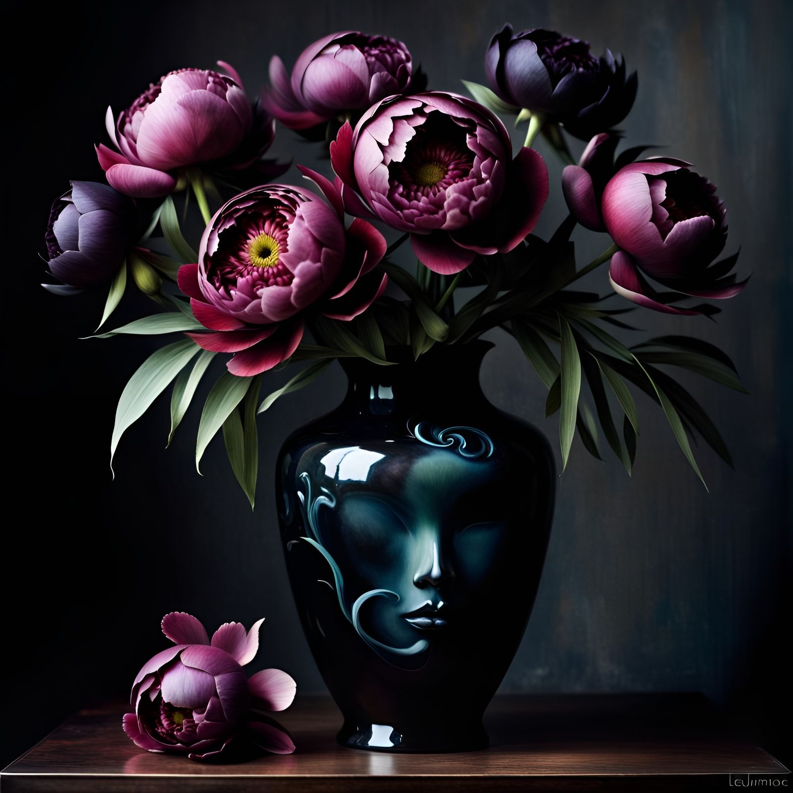 Black Peonies Still Life: Graphic Novel Art