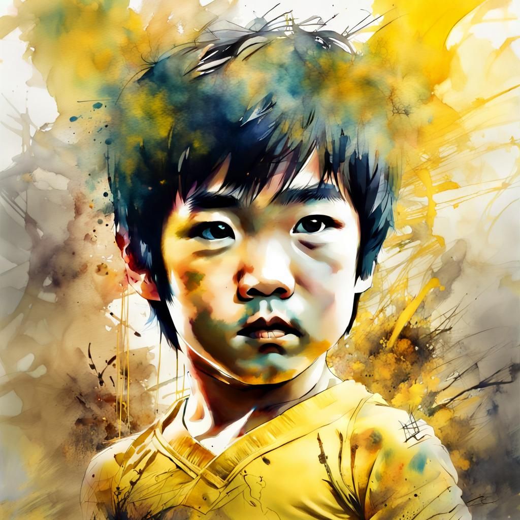 Cute Chibi Bruce Lee in Digital Watercolor