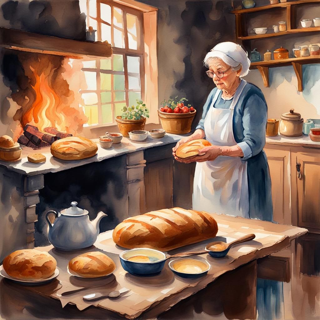 Old Lady Baking Bread in Watercolor Gouache Style