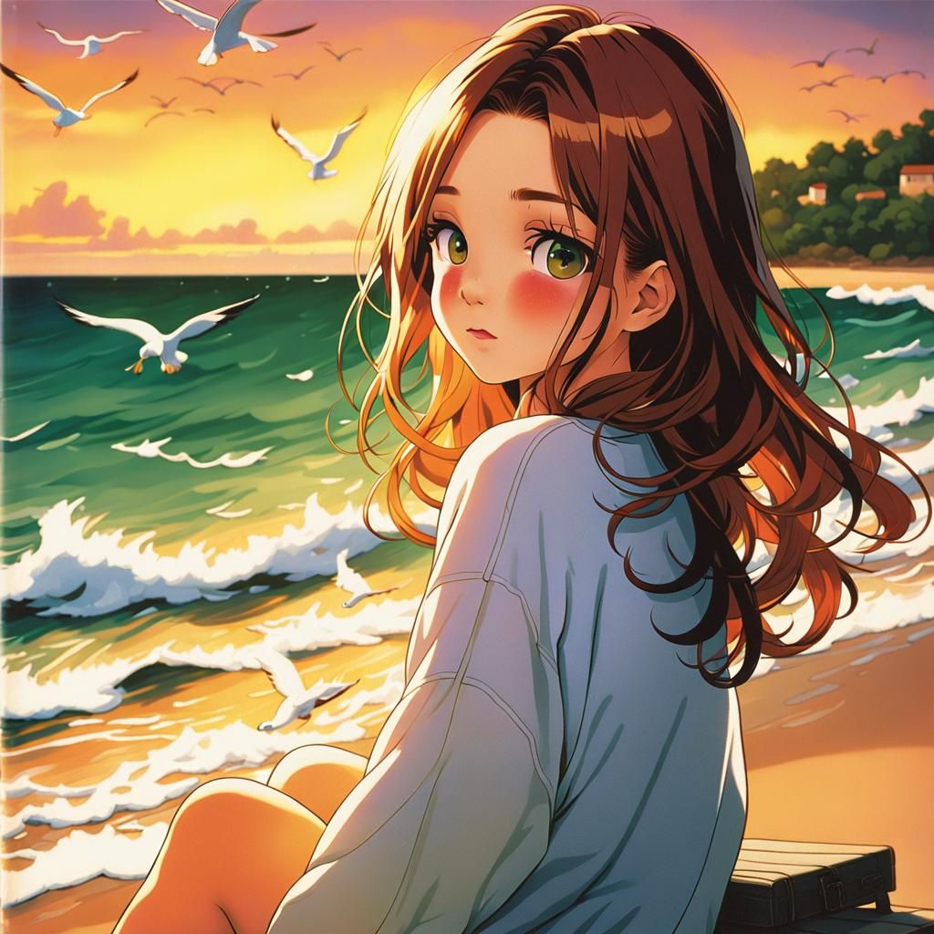 Anime Woman by the Ocean in Cel-Shaded Style