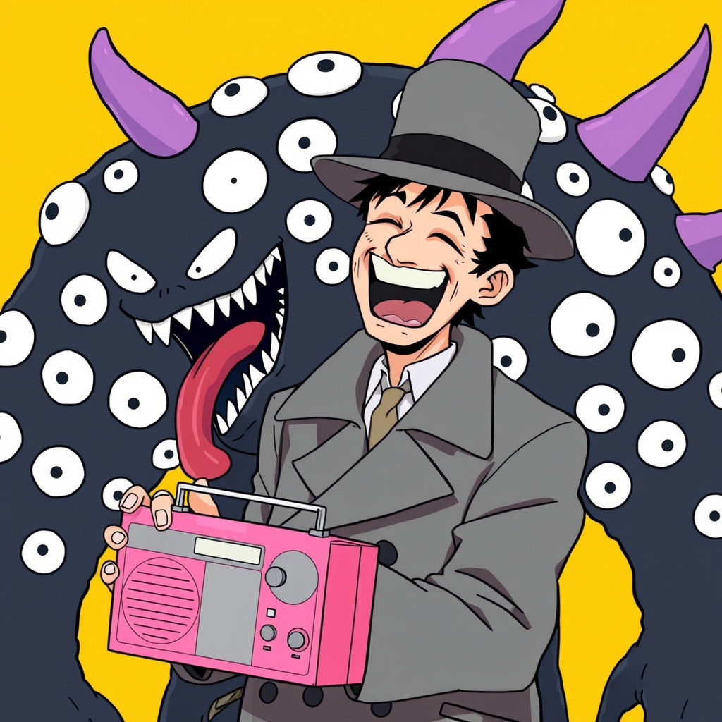 Man Laughing with Monster in Colorful Cartoon Style