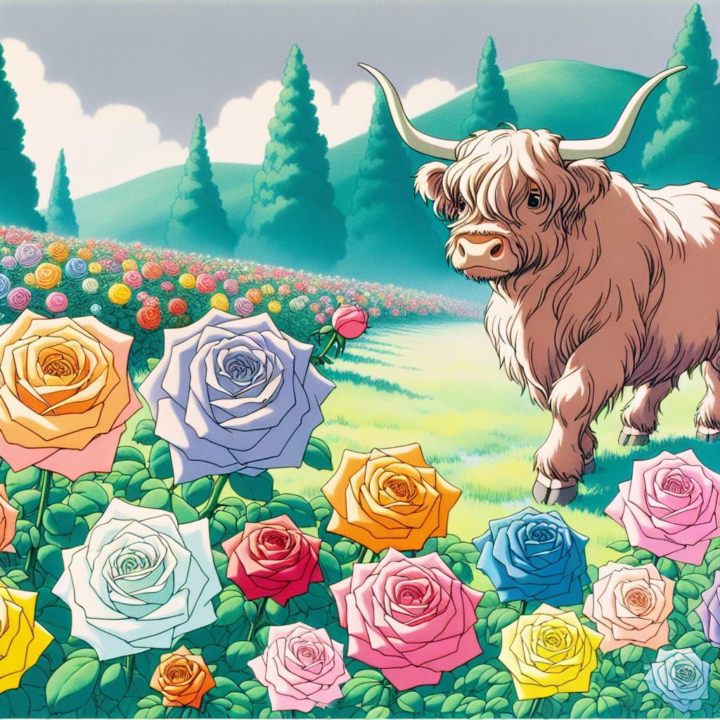 Highland Cow in Rainbow Rose Meadow: Vintage Anime