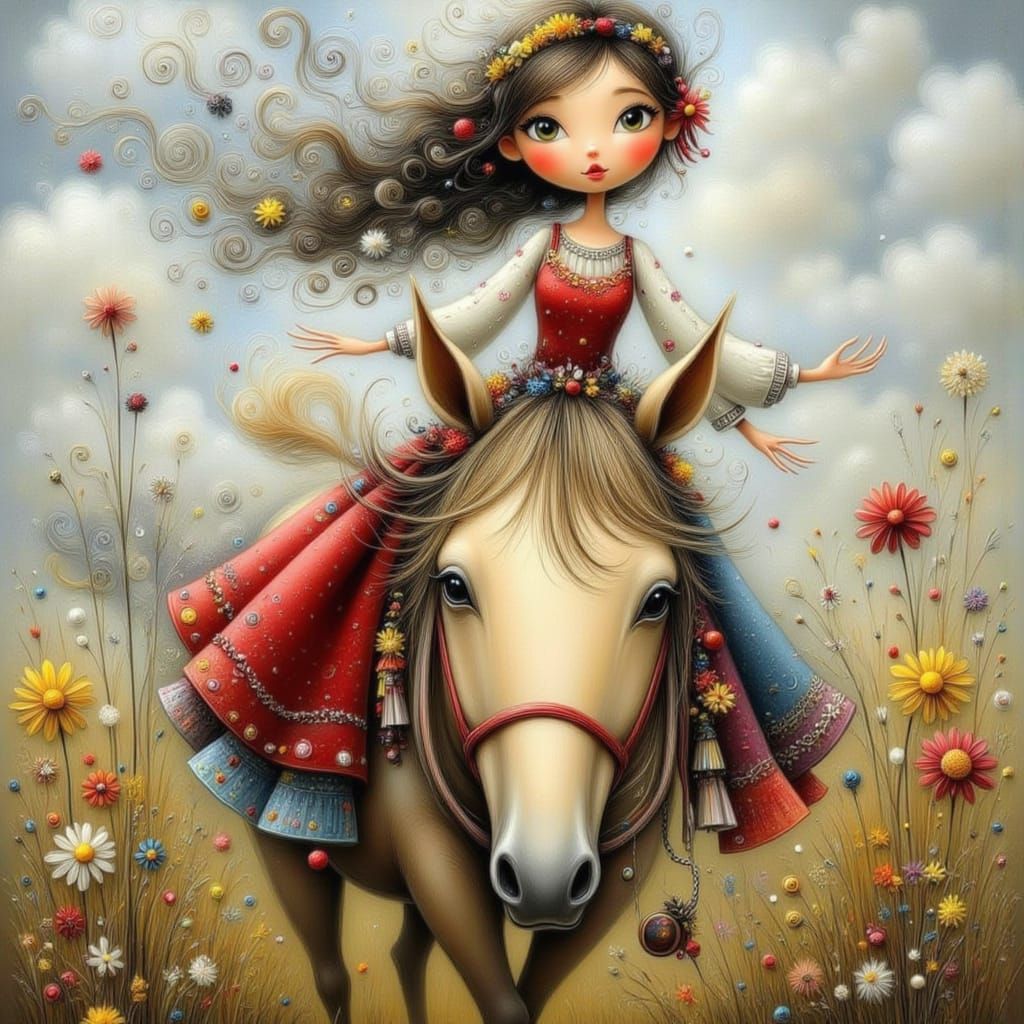Girl Rides Horse in Bright Pencil Drawing Style