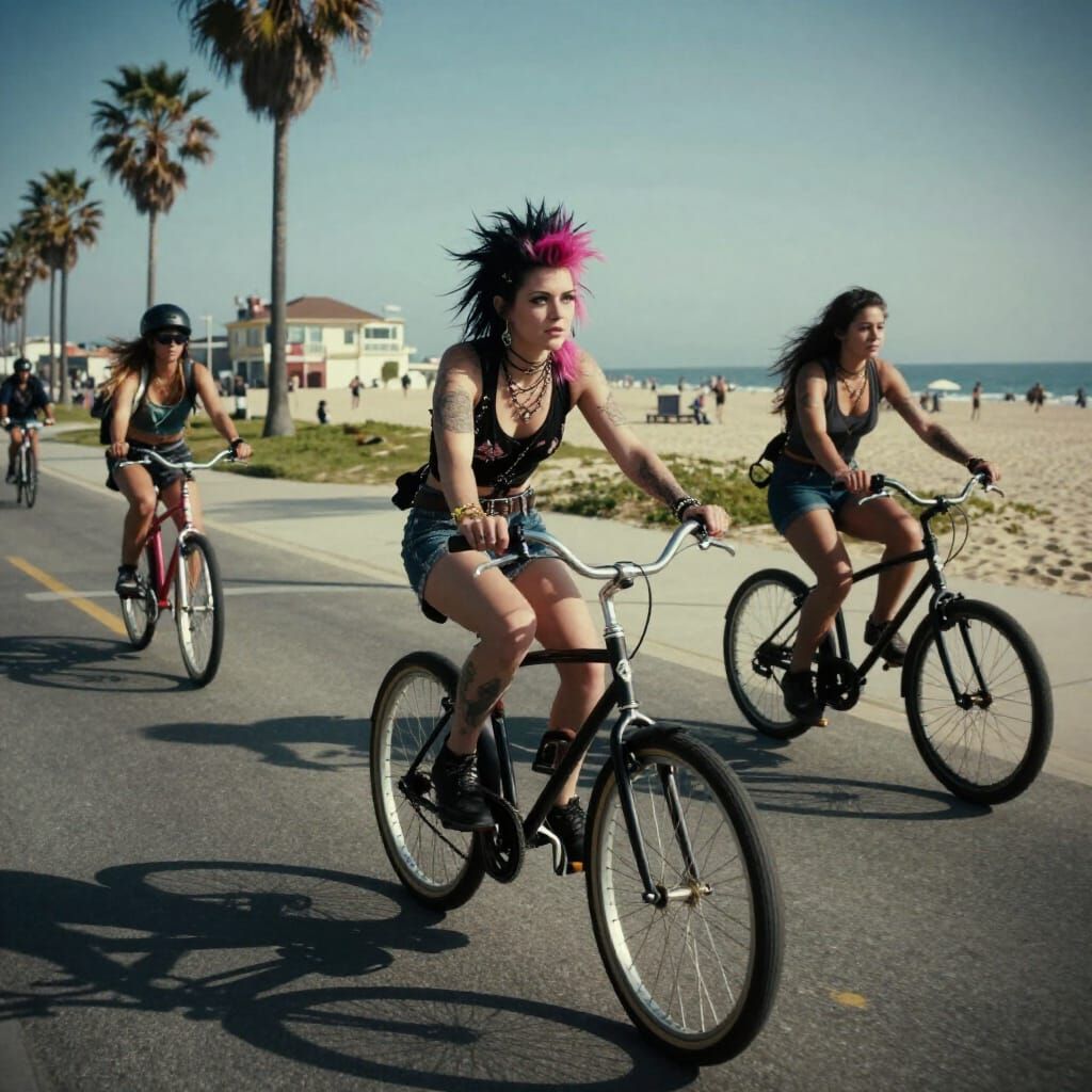 Punk Girl Rides Bike on Venice Beach Trail