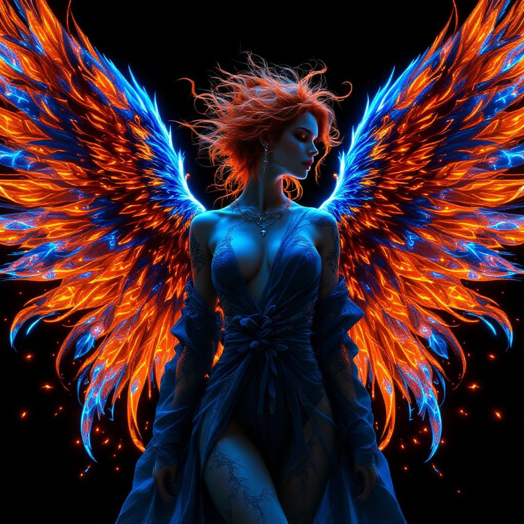 Goth Phoenix Angelic Beauty with Fiery Wings