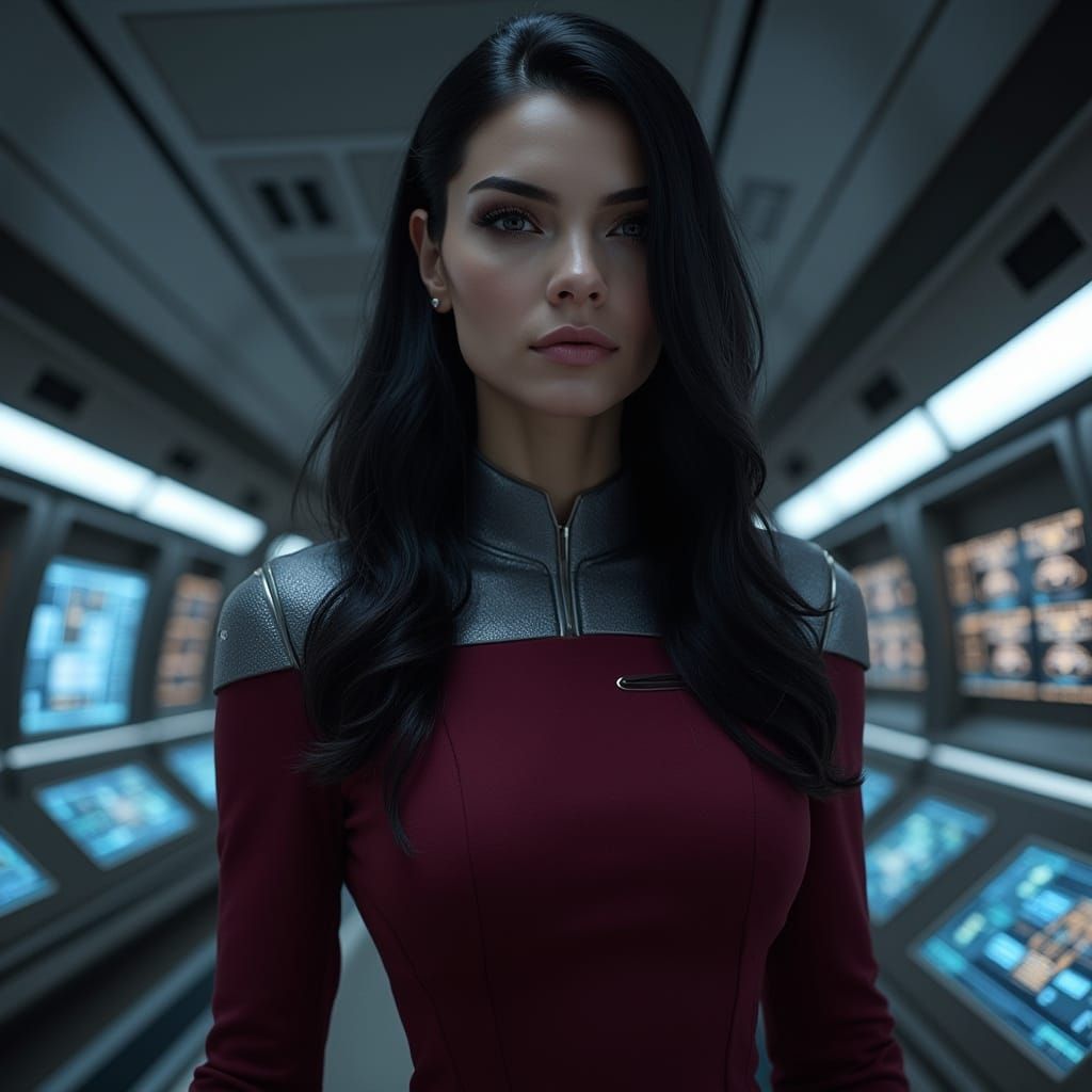 Regal Vulcan Princess on Starship Bridge in Futuristic Unifo...