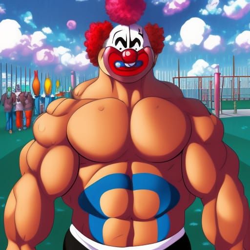 Muscular Cartoon Clown at Carnival in Anime Style