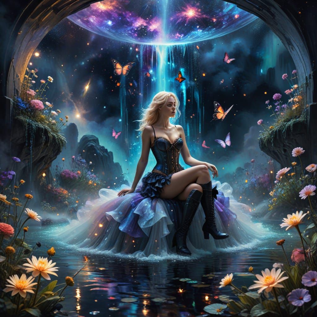 Cosmic Waterfall Painting in Impressionist Style