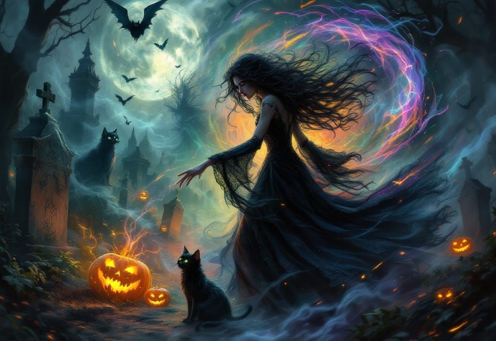 Bewitching Spellcaster in Cemetery with Cats and Kaleidoscop...