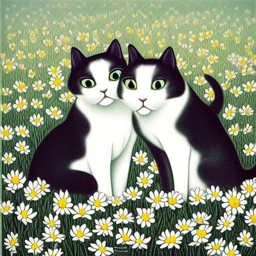 Cats in Flower Field: Lowbrow Art Style