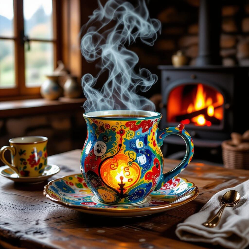 Magical Cup Art in Chagall, Klimt, Miró Style