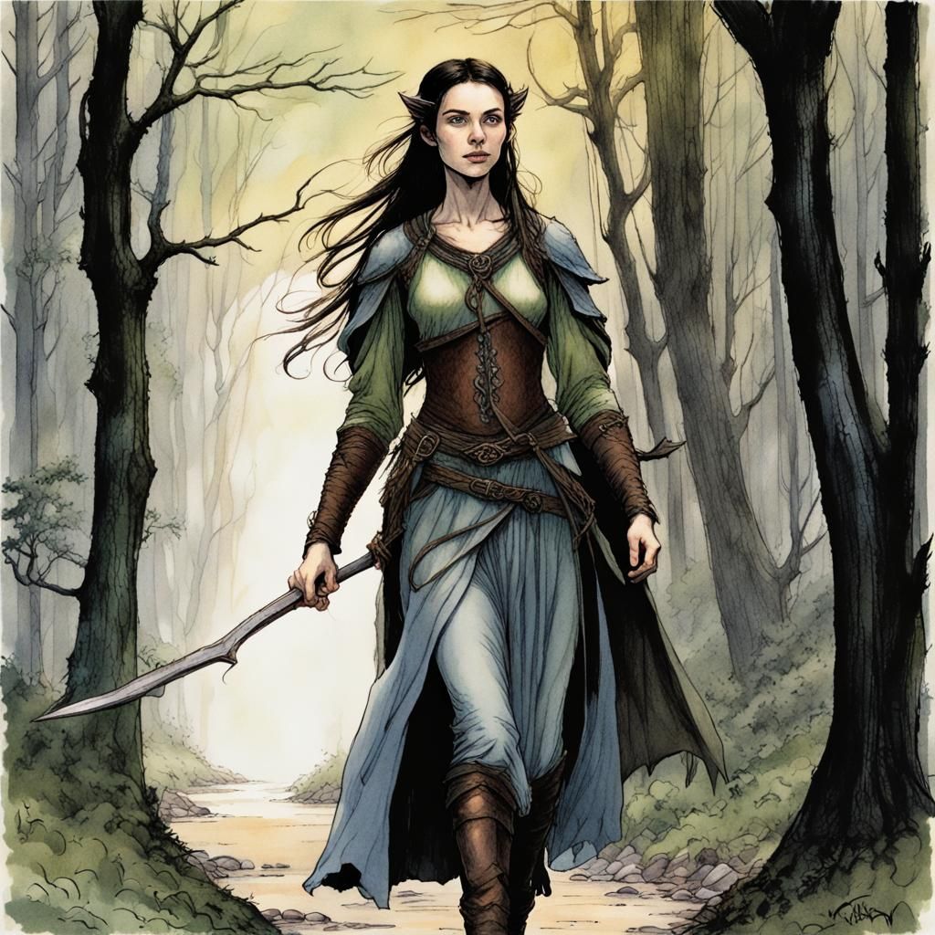 Elvish Warrior in Dark Forest, Inkpunk Style
