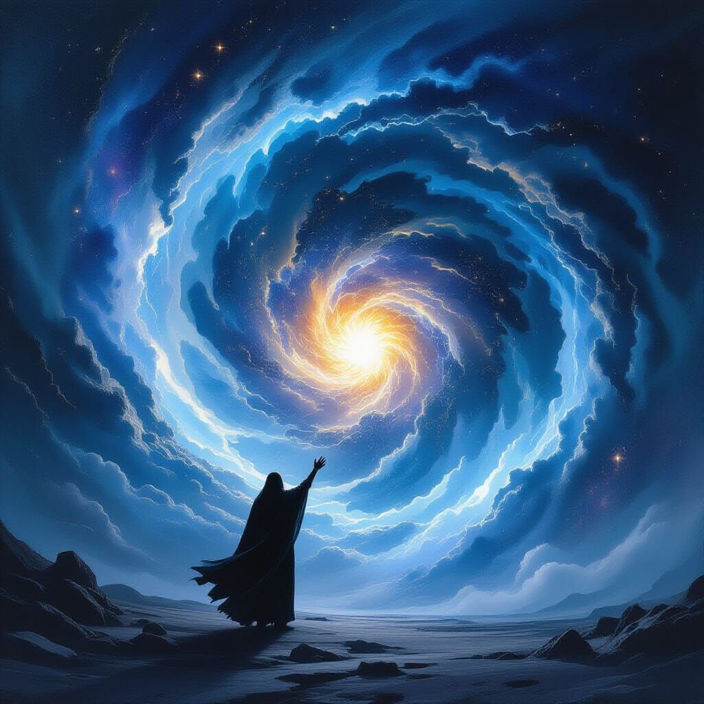 Figure Reaching Towards Exploding Star in Cosmic Vortex