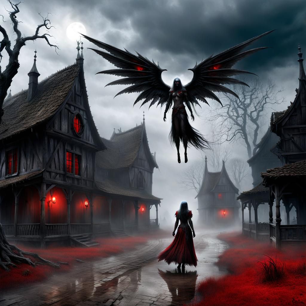 Haunted Village with Winged Figure in Dark Fantasy