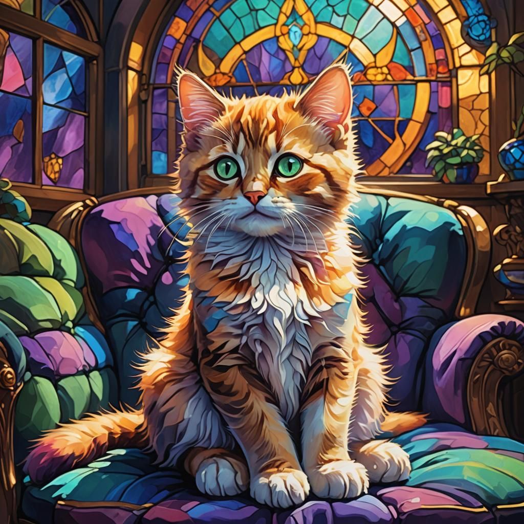 Baby Cat in Fantastical Room: Vibrant Oil Painting