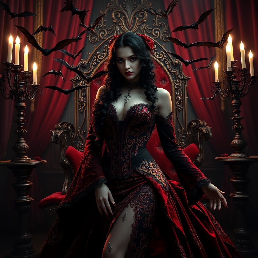 Mysterious Vampire Countess in Victorian-Era Attire, Surroun...