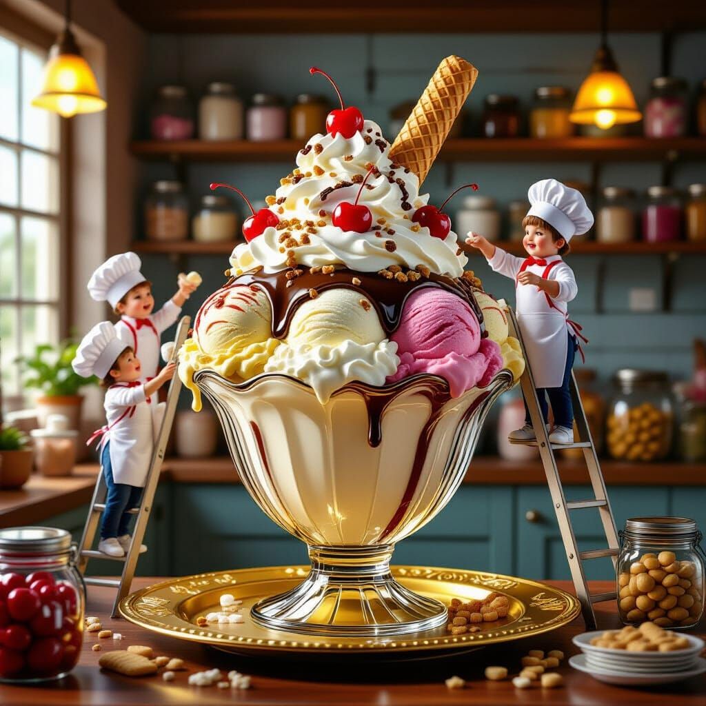 Giant Ice Cream Sundae with Tiny Chefs, Hyperrealistic Style