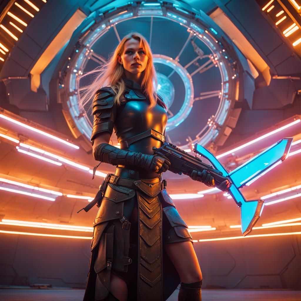 Futuristic Shieldmaiden Protecting Ally with Neon Shield