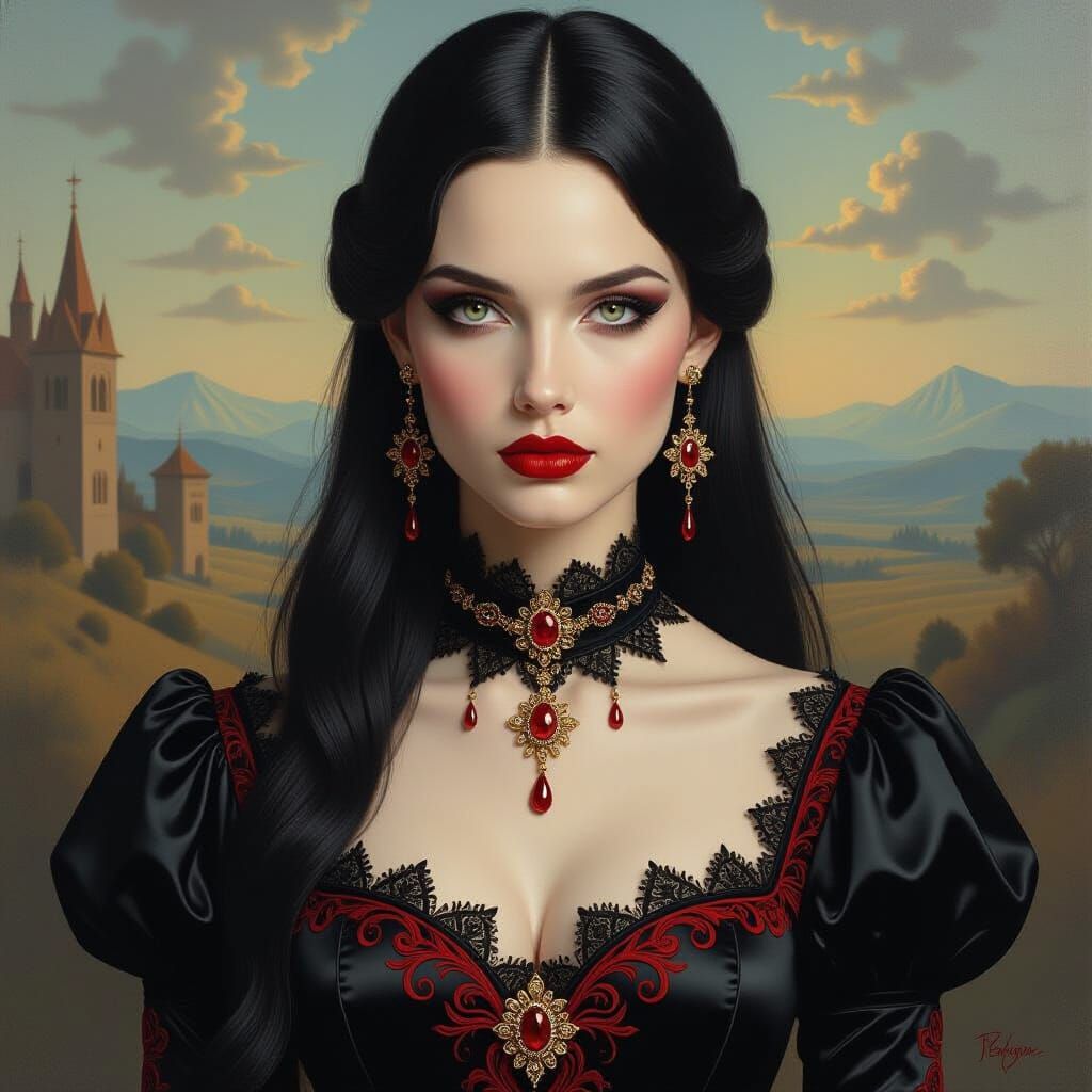 Gothic Woman in Black Satin Gown with Gold Embroidery