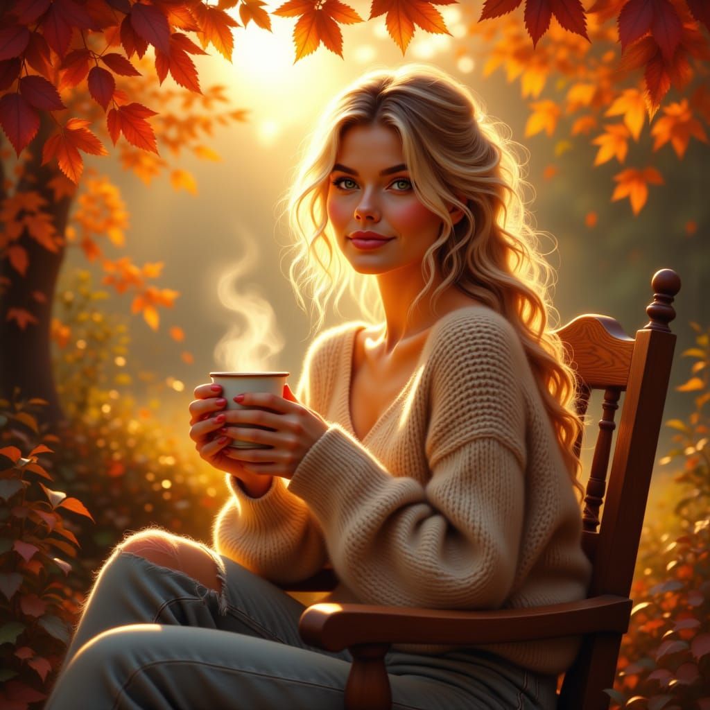 Blond Woman Sips Coffee in Autumn Garden