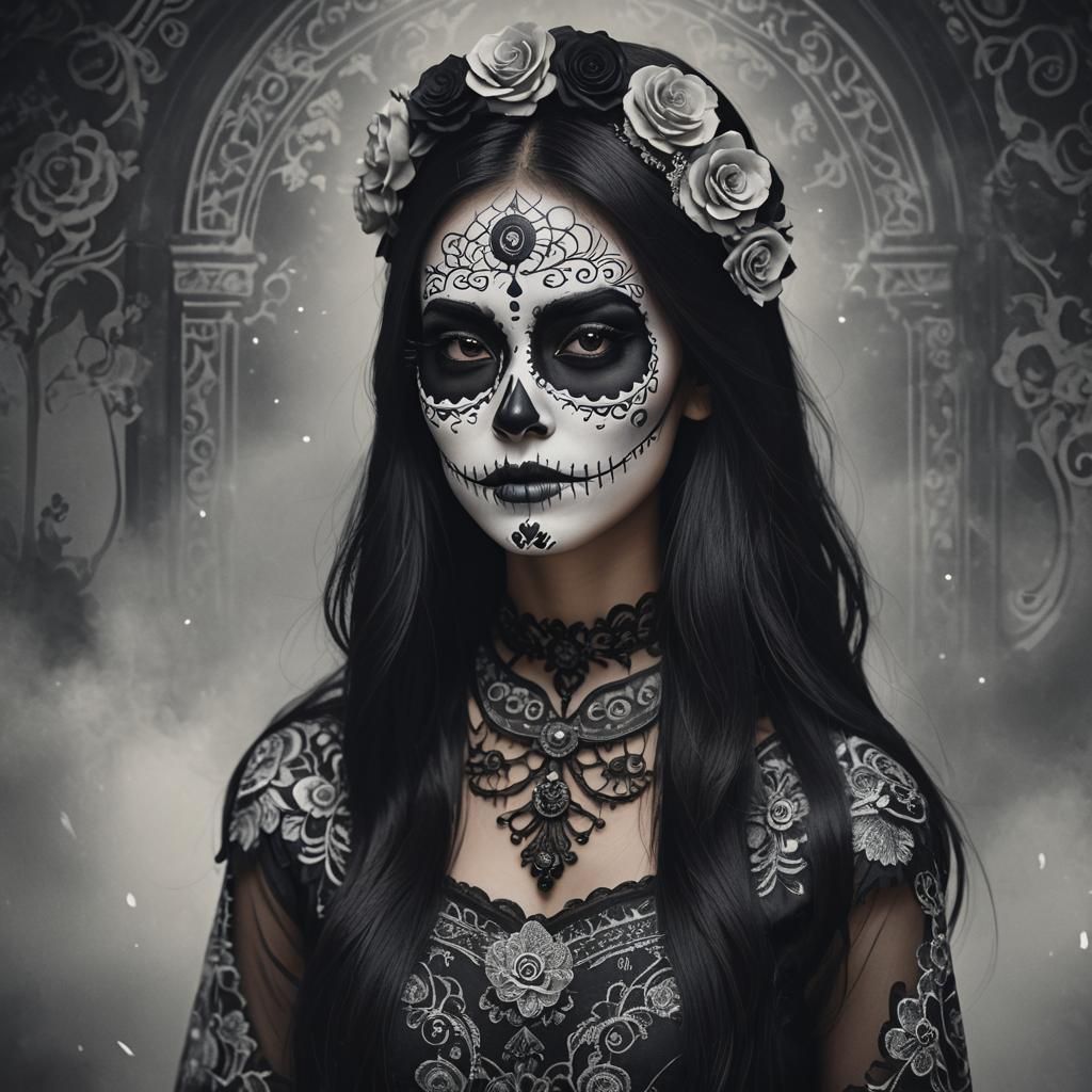 Vietnamese Woman with Catrina Face Paint: Digital Portrait