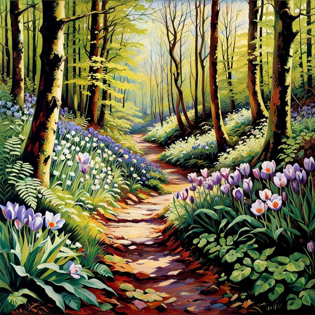 Forest Path with Spring Flowers in Naturalistic Style