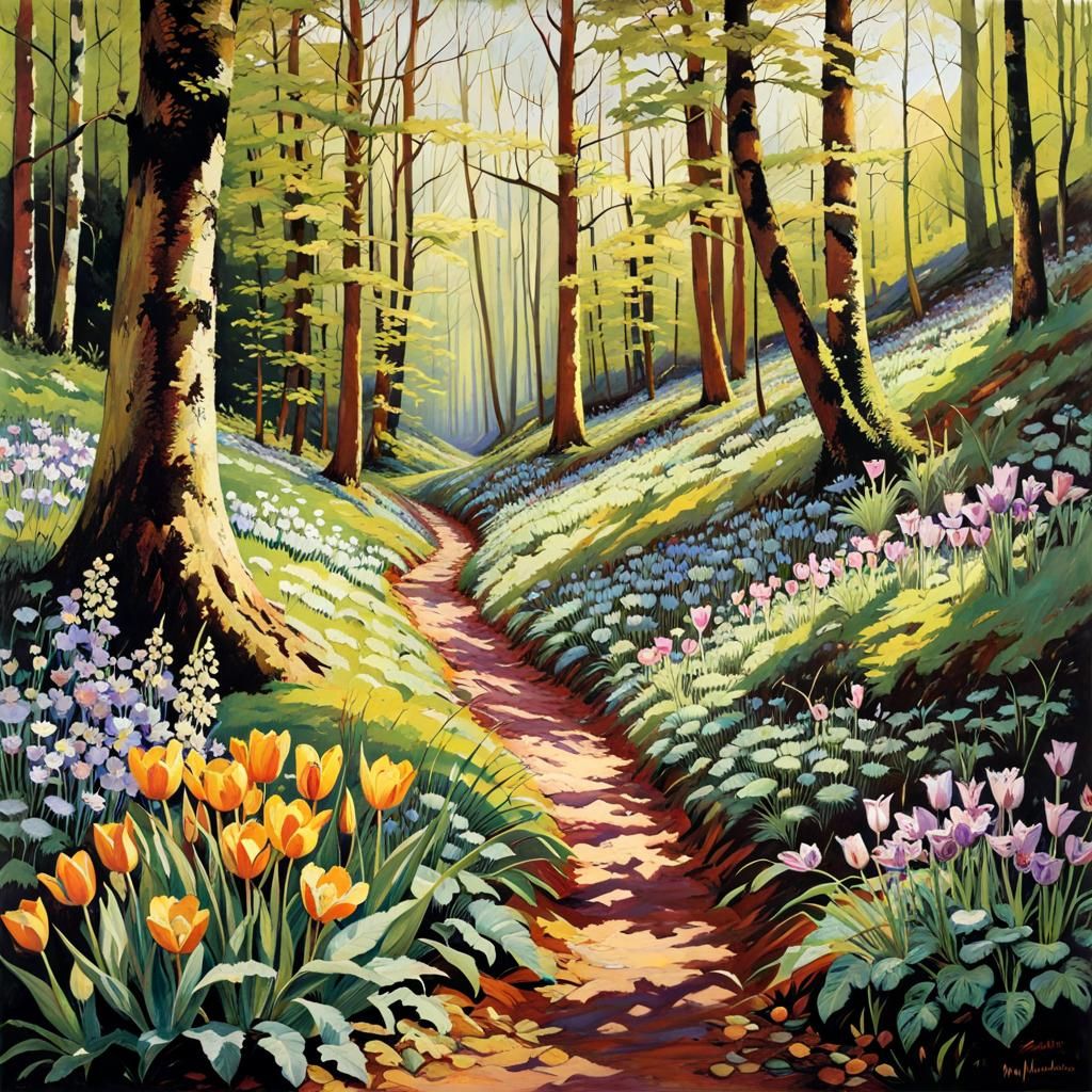 Lush Forest Path with Spring Flowers