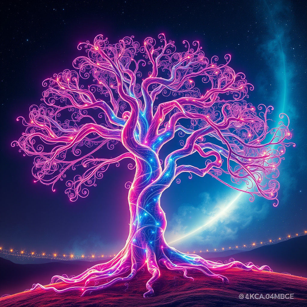 Ethereal Tree with Holographic Effect in Futuristic Style