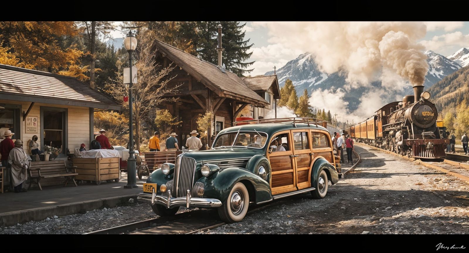1940 Packard Model 180 Eight Woodie  Wagon parked a 
 the railway station in Golden British Columbia in 1940 №1