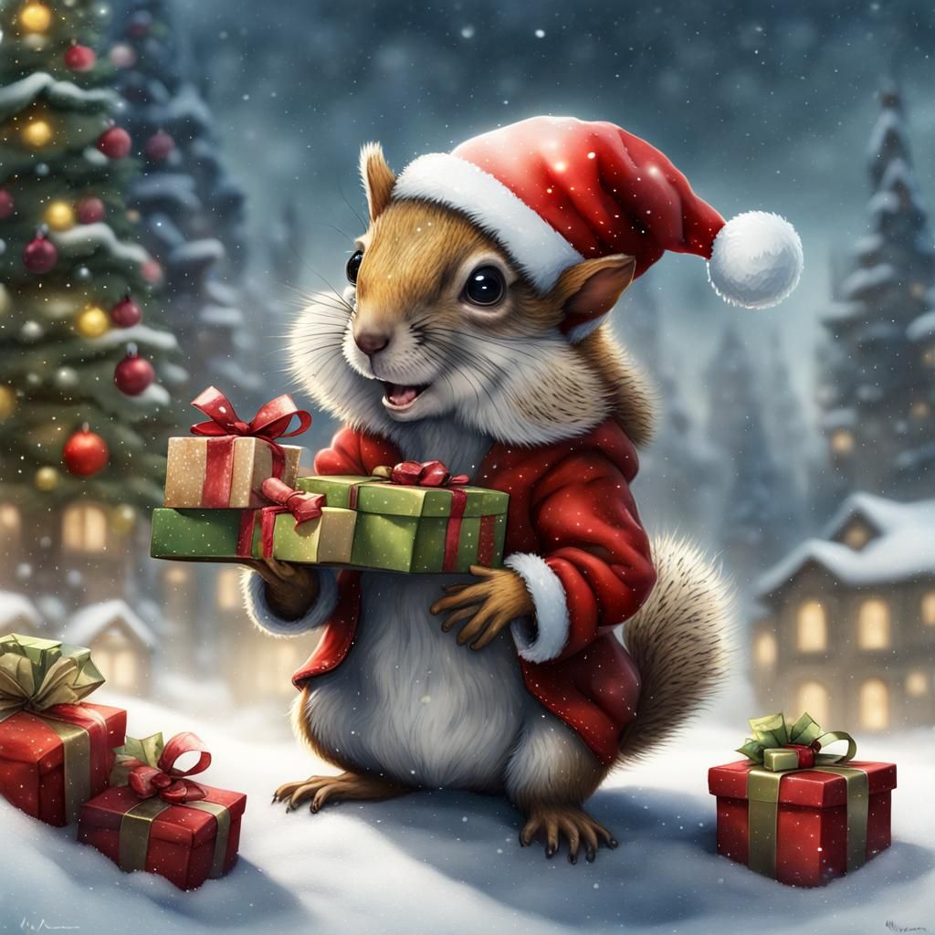 Festive Squirrel Celebrates Christmas in Watercolor Style