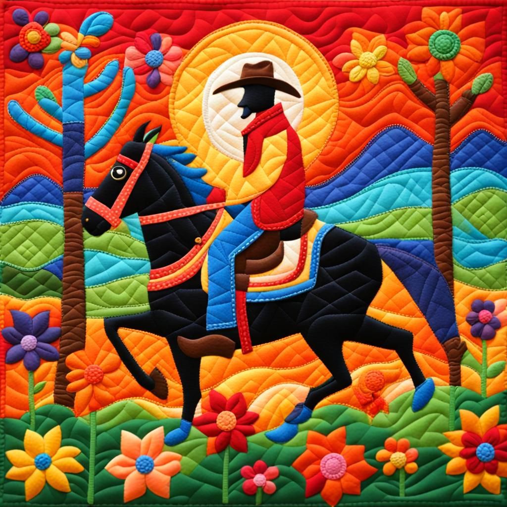 Dreamy Cowboy in Folk Art Quilted Picture