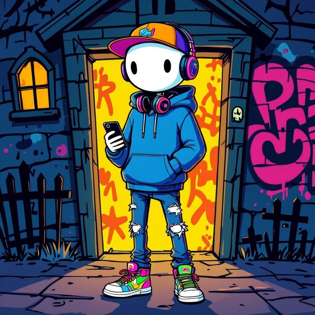 Stylish Cartoon Stickman in Haunted Urban Setting