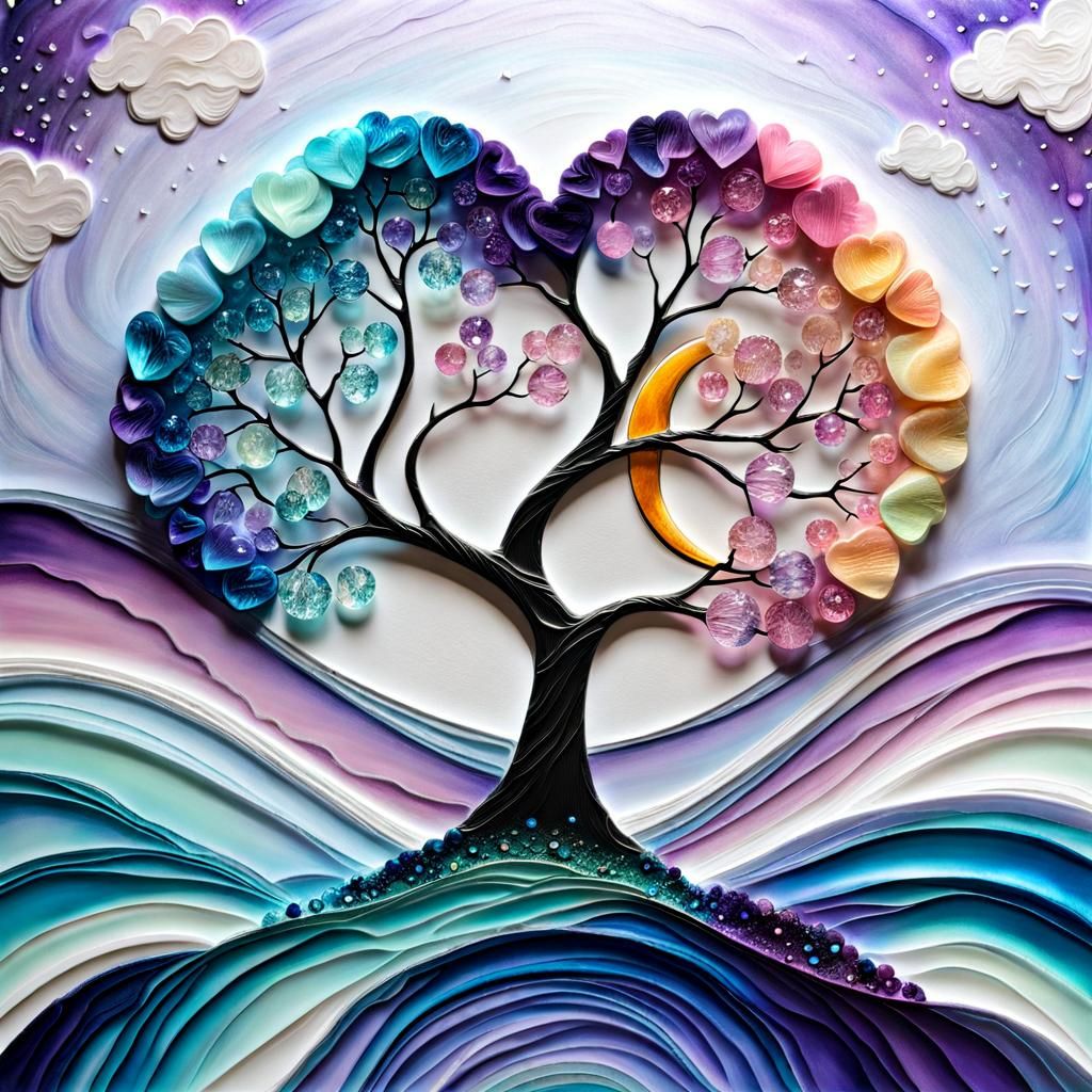 Moonlit Tidalwave Illuminates Dimensional Crystal Heart-Tree