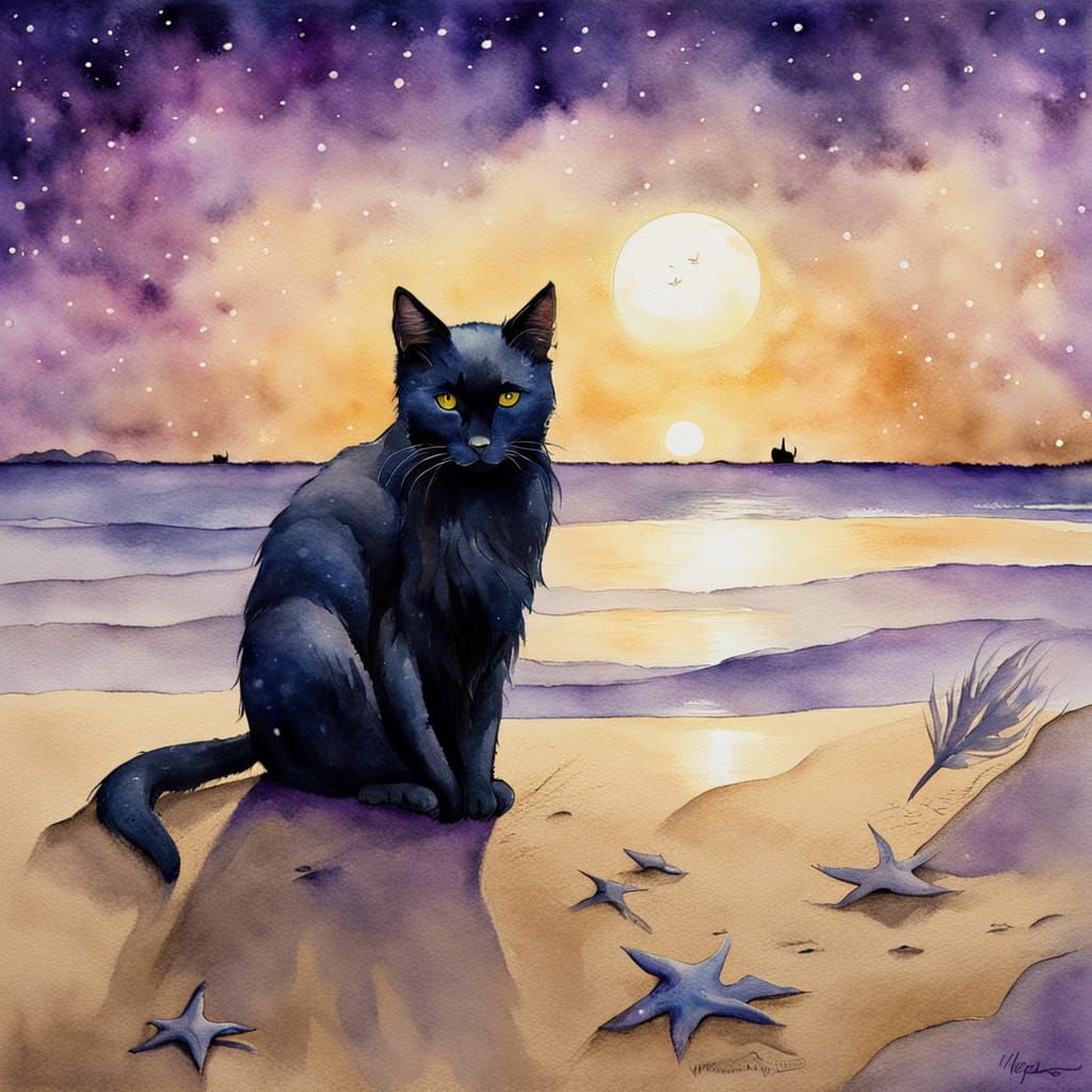 Black Cat on Beach in Watercolour Style