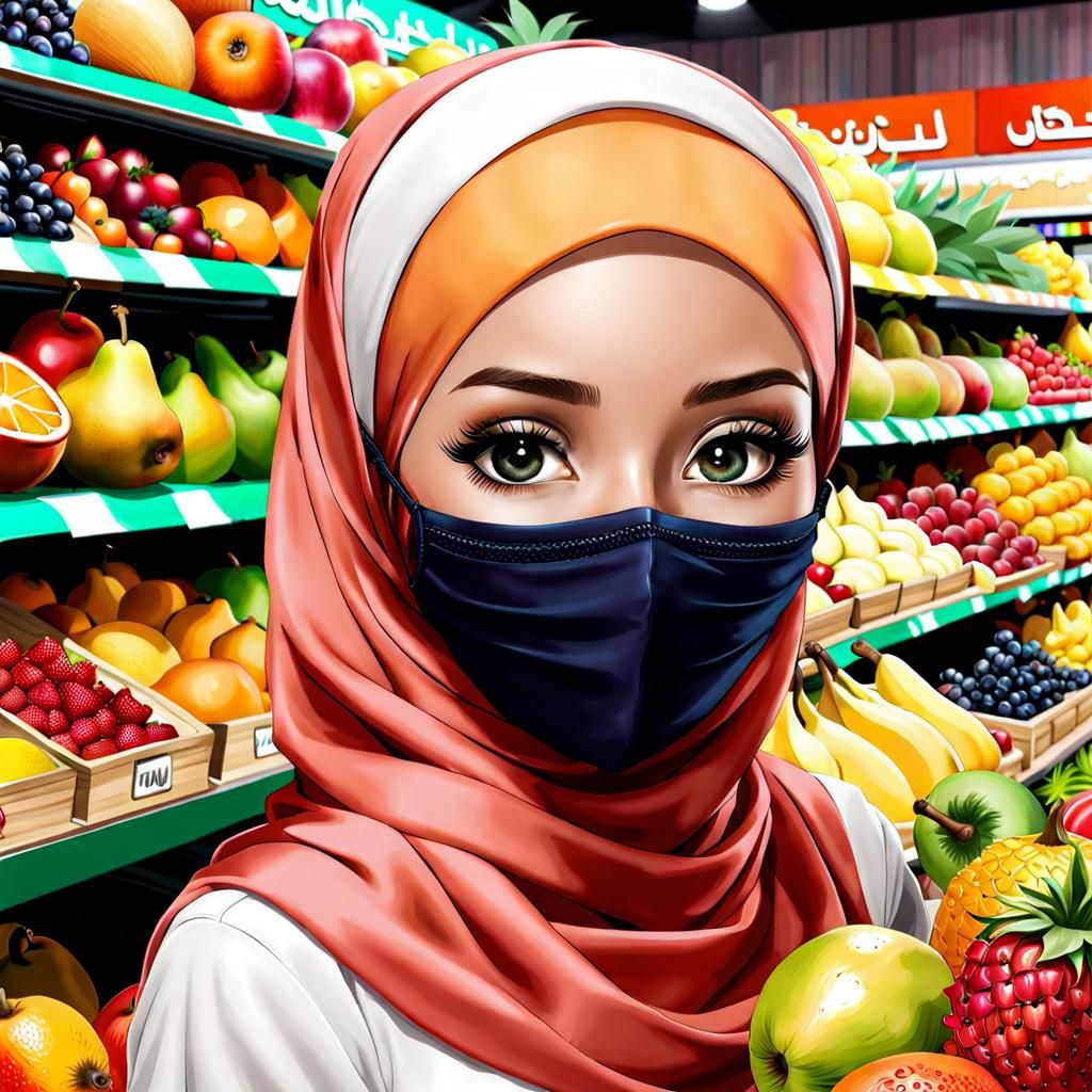 Woman in Hijab and Mask Shopping for Tropical Fruits