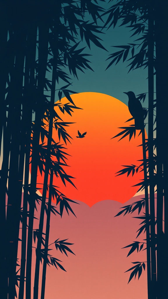 Bamboo Forest Night Poster in Japanese Woodcut Style