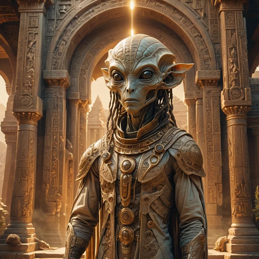 Alien in Ancient Temple: Surreal Sci-Fi Art