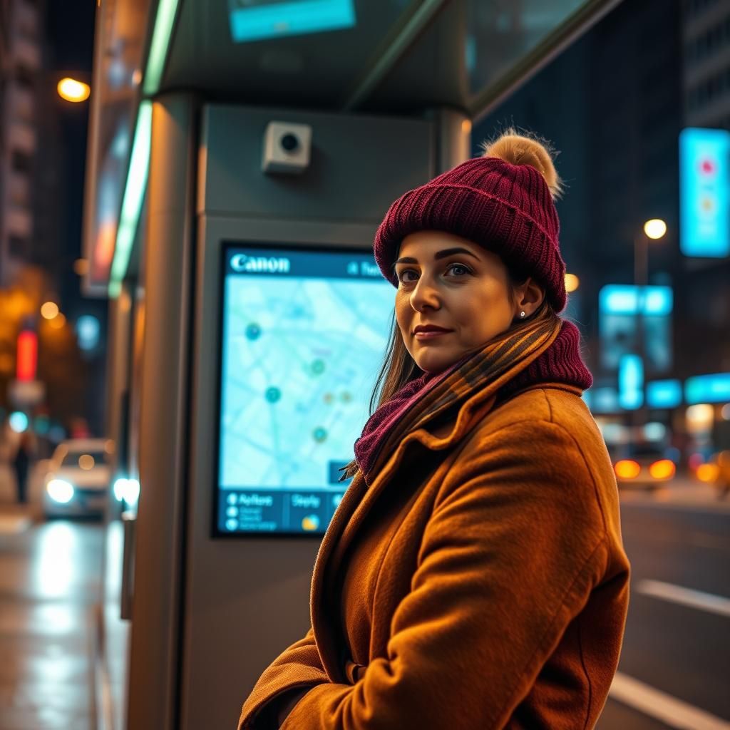 Woman at Luminous Bus Stop at Night