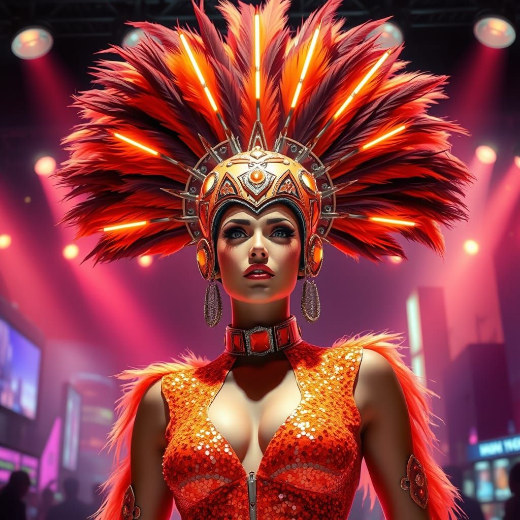 Futuristic Showgirl Commands Stage in Neon Cityscape
