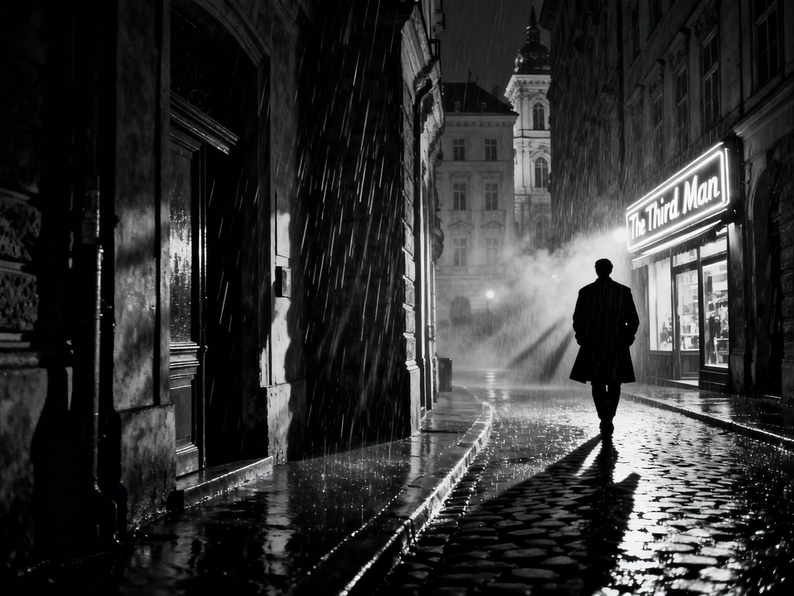 Gritty Noir Film Still of Man in Shadowy Vienna Street
