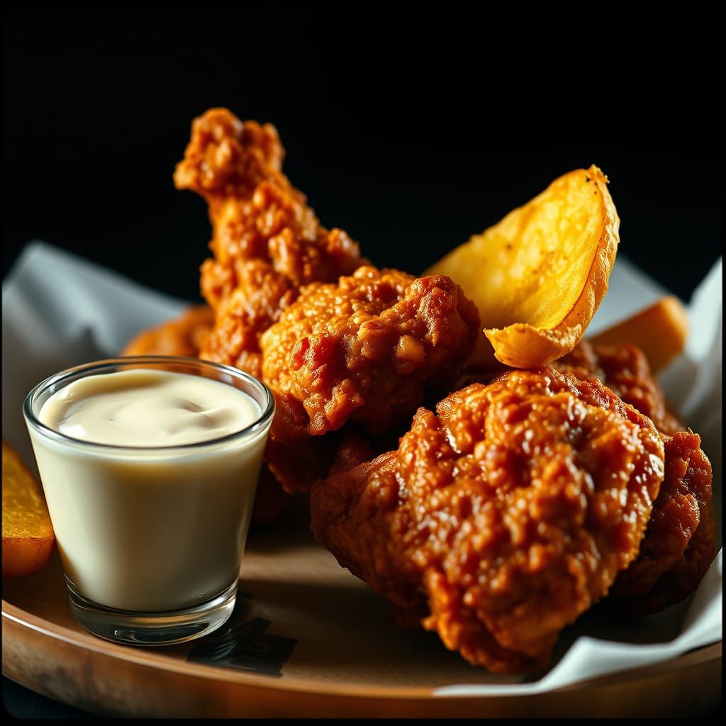 Golden Fried Chicken with Crispy Potato Wedges in Cinematic ...